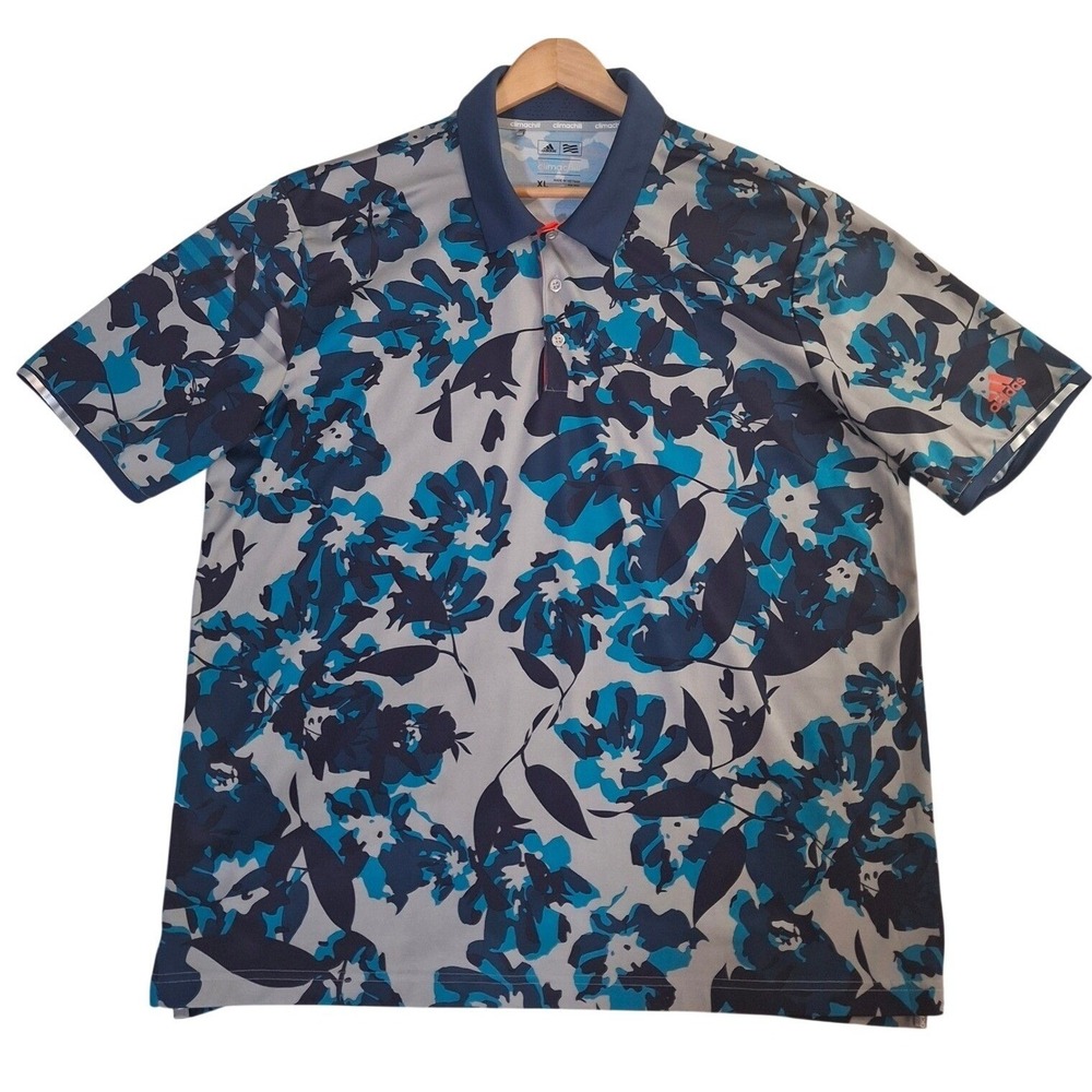 Adidas Golf Climachill Polo Shirt Mens XL Blue Grey Floral Performance Short Slv